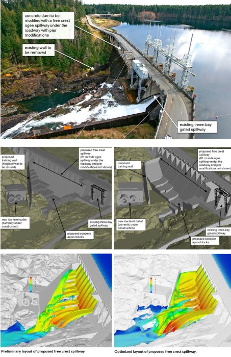 FLOW-3D model results for the preliminary and optimized layout of the proposed spillway at John Hart Dam.